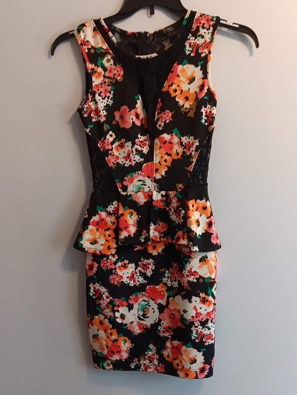 Guess Black Floral Peplum Mini Dress with lace back detail  XS